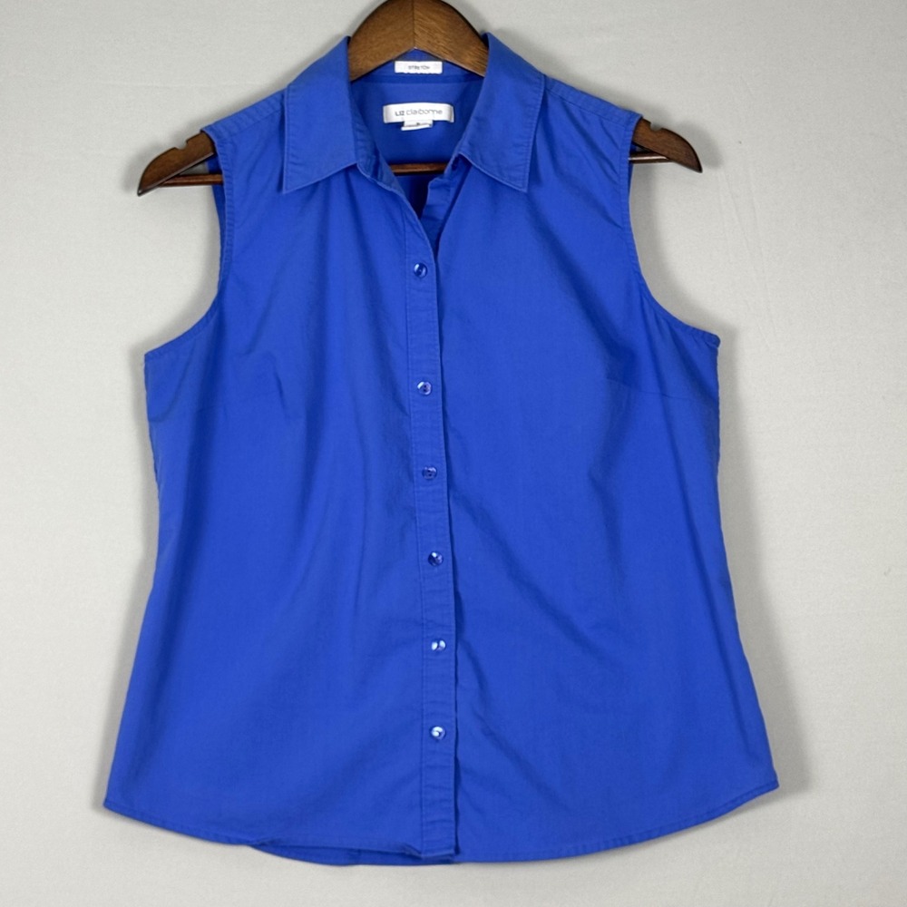Liz Claiborne Button Down Shirt Women Medium Blue Excellent Sleeveless Stretch